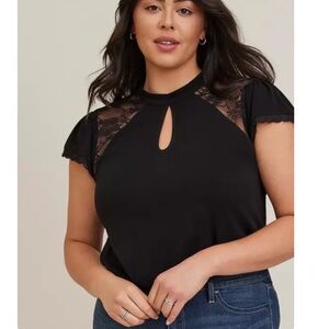 Torrid Studio Crepe Jersey Mock Neck Lace Pieced Keyhole Top